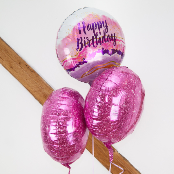 Send ballon buket Happy Birthday lyserøde glitter