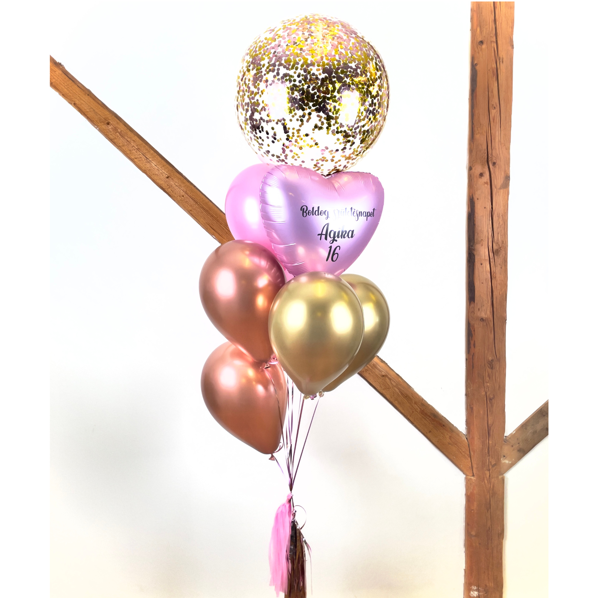 Ballon buket med tekst, Guld rosaguld og guld konfetti