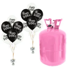 Helium Og Balloner Sæt Happy Birthday Sort / Hvid