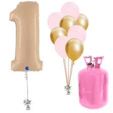 Helium Og Balloner Sæt Talballon Nude 1 Og Lys Pink / Chrome Guld Balloner