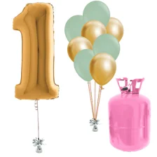Helium Og Balloner Sæt Talballon Guld 1 Og Vinter Grøn / Chrome Guld Balloner