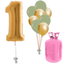 Helium Og Balloner Sæt Talballon Guld 1 Og Eukalyptus / Chrome Guld Balloner