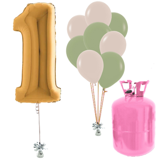 Helium Og Balloner Sæt Talballon Guld 1 Og Eukalyptus / Hvid Sand Balloner