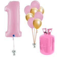 Helium Og Balloner Sæt Talballon Pink 1 Og Dusty Rose / Chrome Guld Balloner
