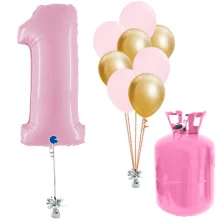 Helium Og Balloner Sæt Talballon Pink 1 Og Lys Pink / Chrome Guld Balloner