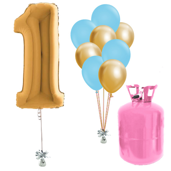 Helium Og Balloner Sæt Talballon Guld 1 Og Baby Blå / Chrome Guld Balloner