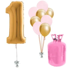 Helium Og Balloner Sæt Talballon Guld 1 Og Lys Pink / Chrome Guld Balloner