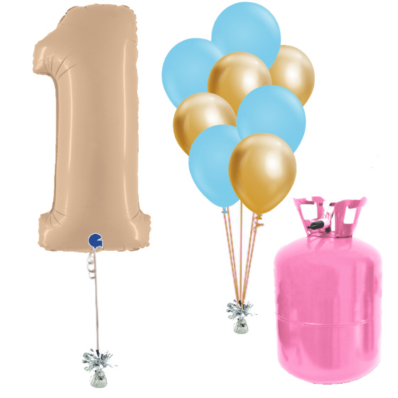 Helium Og Balloner Sæt Talballon Nude 1 Og Baby Blå / Chrome Guld Balloner
