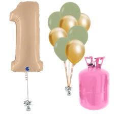 Helium Og Balloner Sæt Talballon Nude 1 Og Eukalyptus / Chrome Guld Balloner