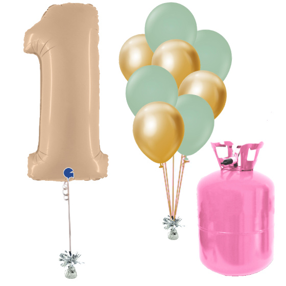 Helium Og Balloner Sæt Talballon Nude 1 Og Vinter Grøn / Chrome Guld Balloner