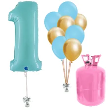 Helium Og Balloner Sæt Talballon Baby Blå 1 Og Baby Blå / Chrome Guld Balloner