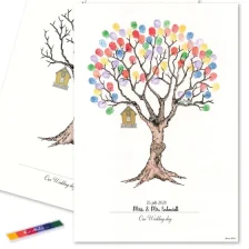 Fingeraftryk Gæsteplakat Bryllupstræ regnbuefarver