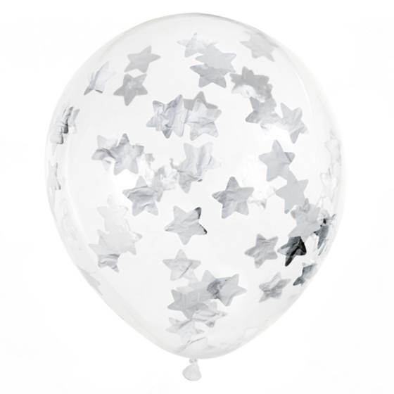 Konfetti Balloner 30 cm., 6 stk. - Stjerner Sølv image-0