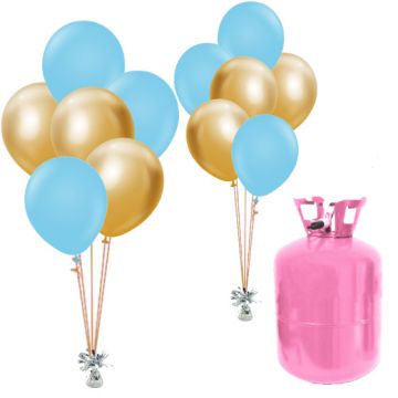 Helium Og Balloner Sæt Baby Blå / Crome Guld